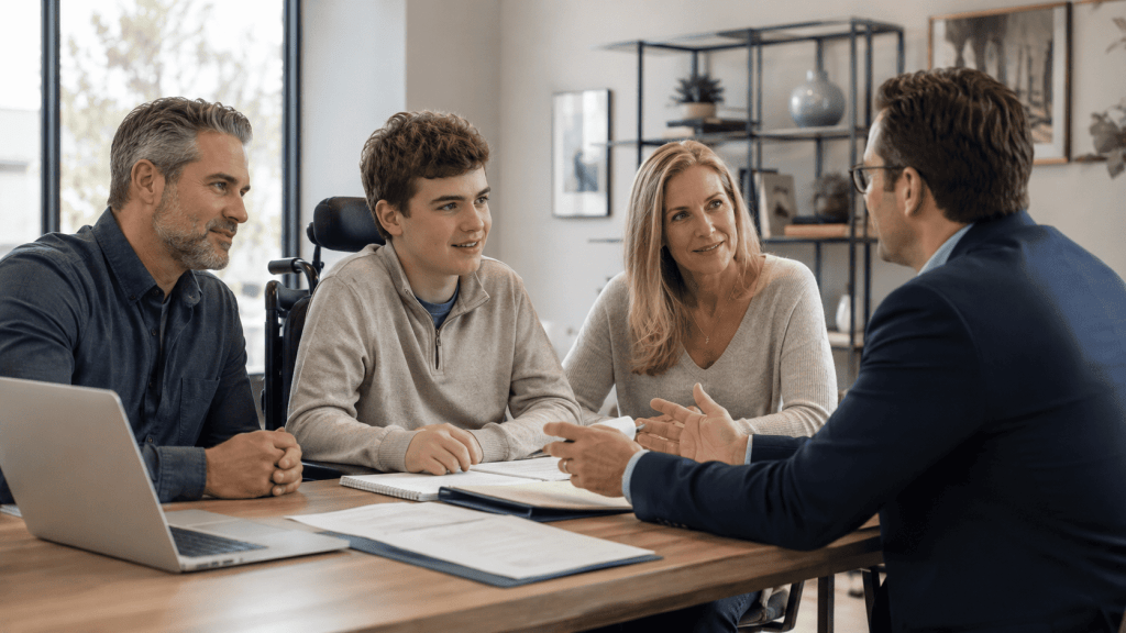 Family with a young adult with a disability meeting with a financial advisor