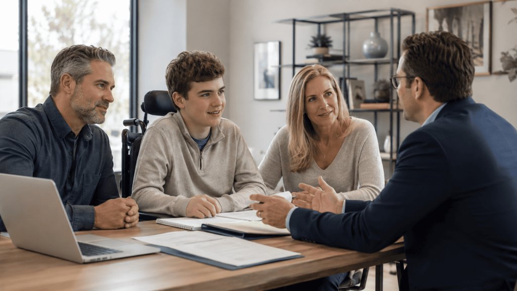 Family with a young adult with a disability meeting with a financial advisor