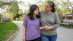 Mother walking with her adult daughter with a disability
