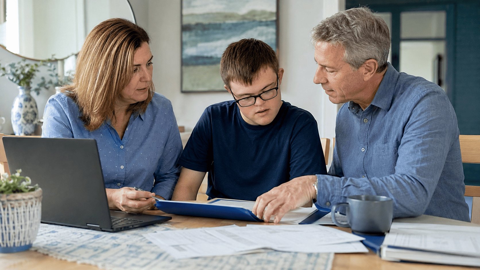 Parents and their adult child with Down syndrome reviewing financial planning documents