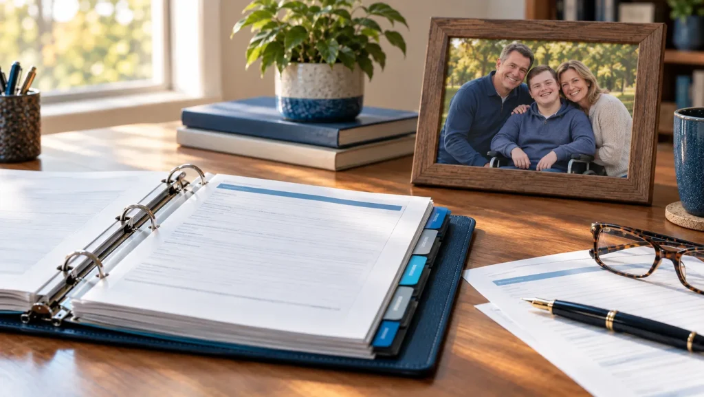 Estate planning binder and beneficiary forms on a desk next to a family photo of parents with their son who uses a wheelchair
