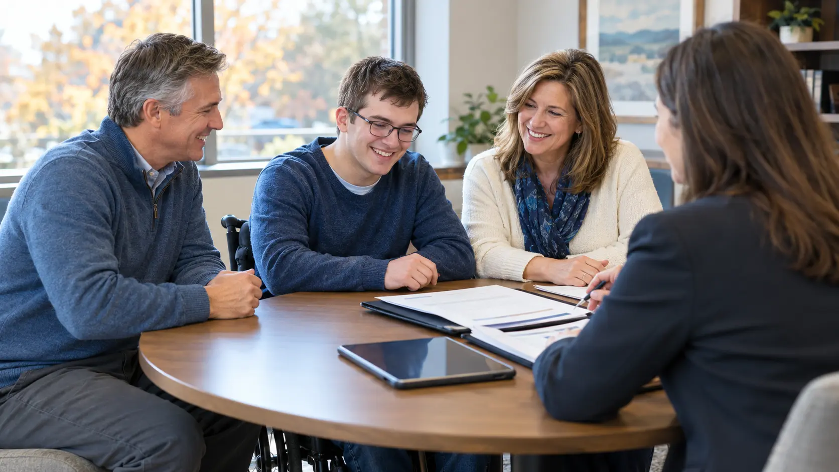 Parents and their adult son, who uses a wheelchair, meeting with a financial advisor to review a Special Needs Trust plan