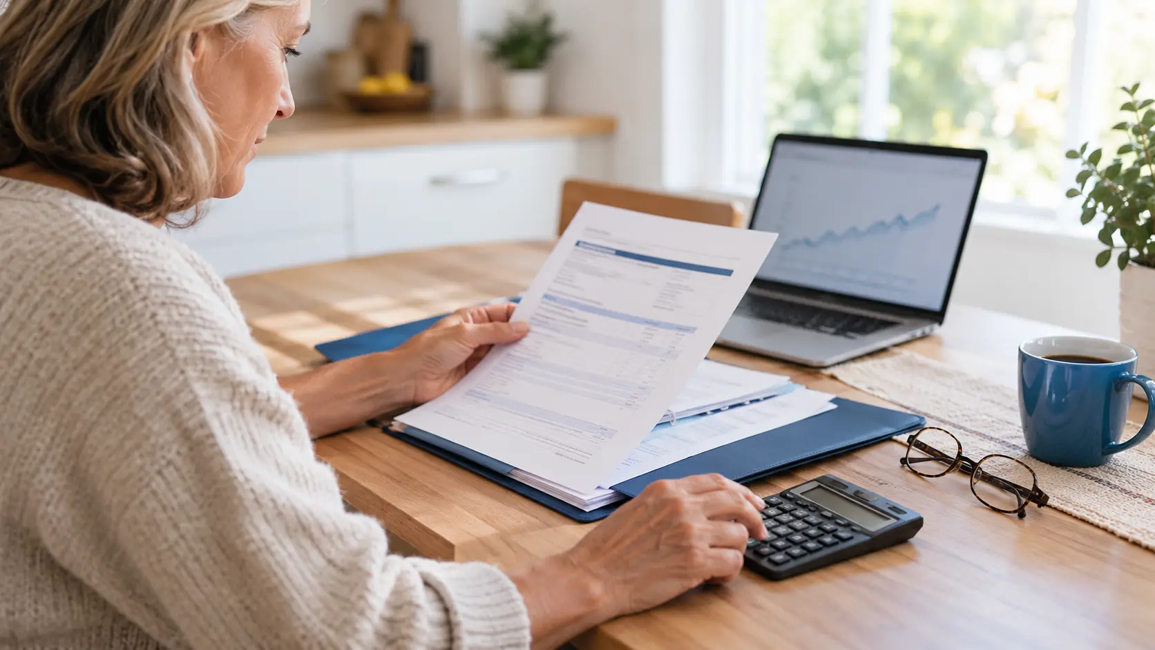 Parent reviewing Special Needs Trust tax documents with a calculator and laptop at a kitchen table